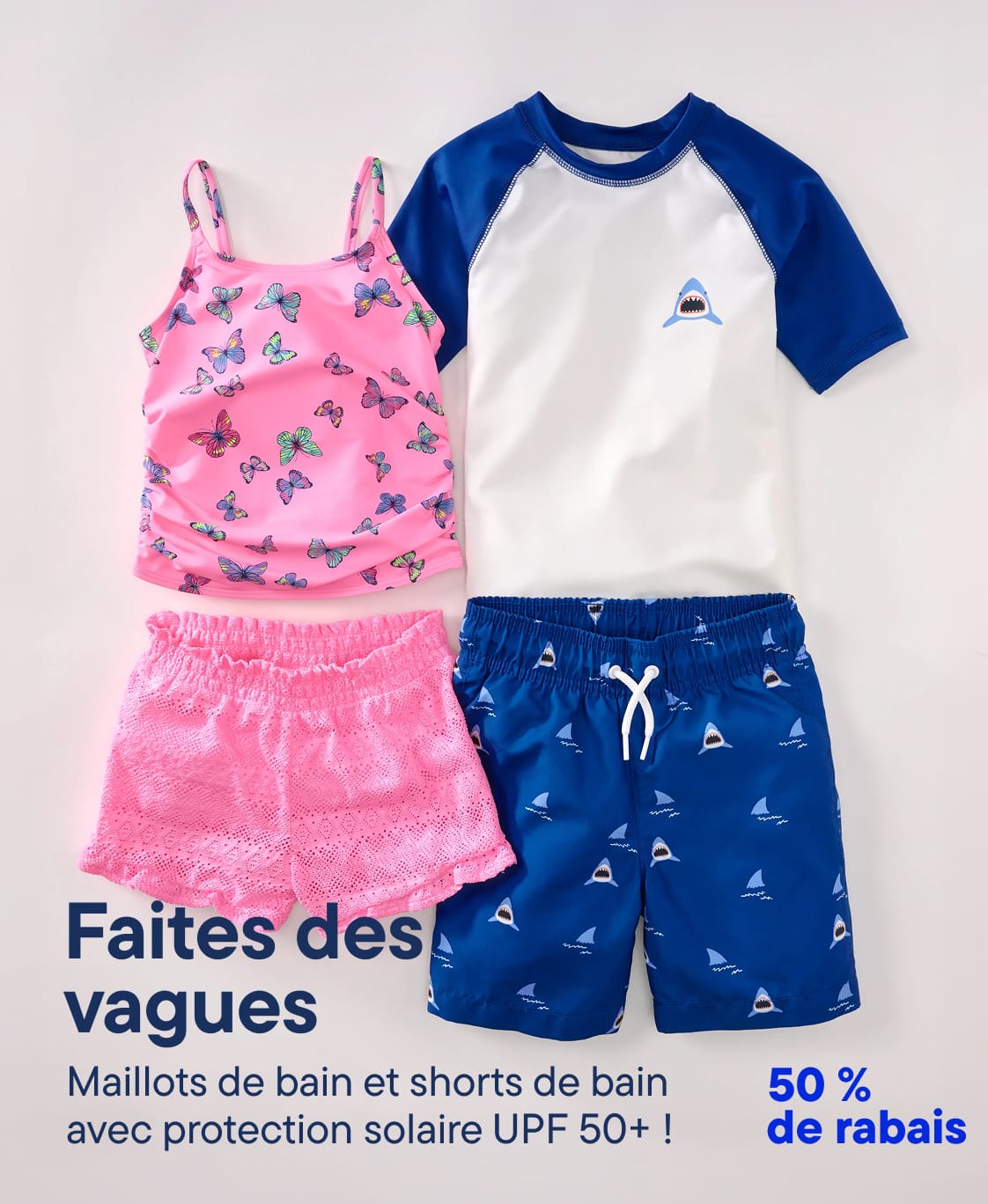 The image displays a set of children's swimwear, including a pink butterfly-patterned tank top, blue and white striped rash guard, and navy blue board shorts with a sailboat print, all of which are advertised as UPF 50+ sun-protected swimsuits and board shorts.