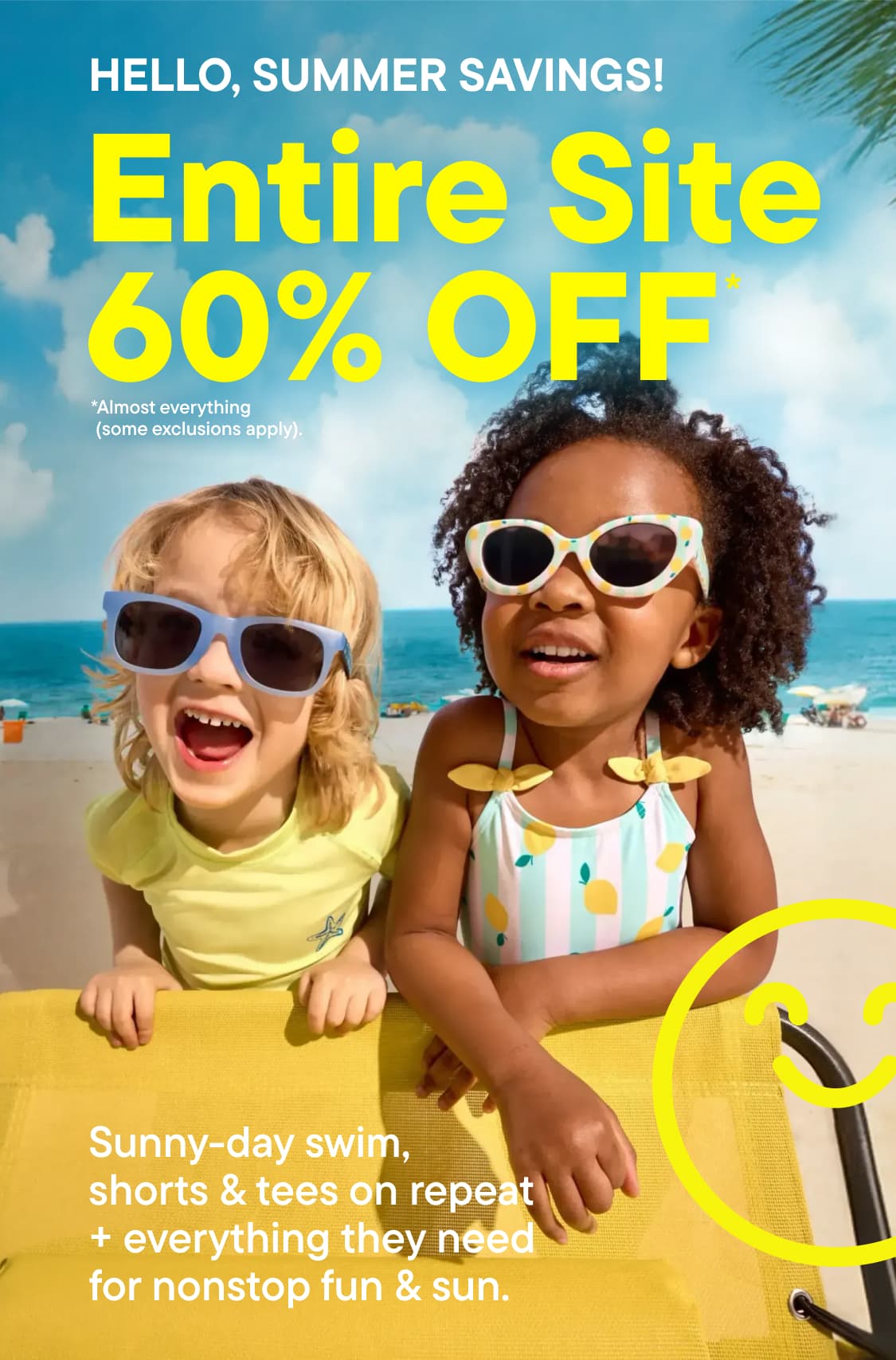 Two children in sunglasses smile on a beach with a "Entire Site 60% OFF" sale announcement in the background.