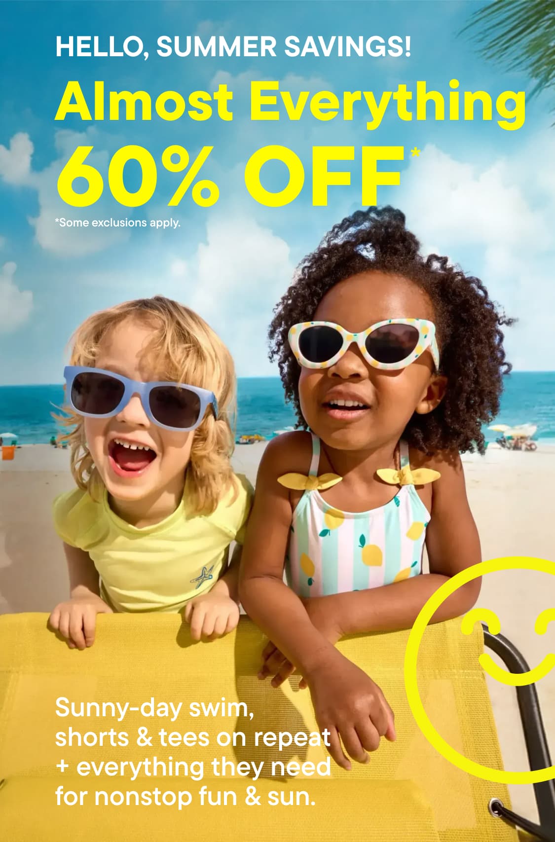 Two children in sunglasses smile on a beach with a "Almost Everything 60% OFF" sale announcement in the background.