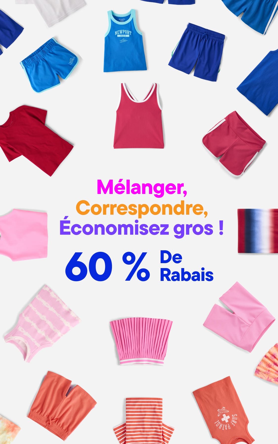 Des vêtements colorés pour enfants sont éparpillés sur un fond blanc avec le texte « Mélangez, assortissez, économisez gros ! 60 % de réduction » au centre.