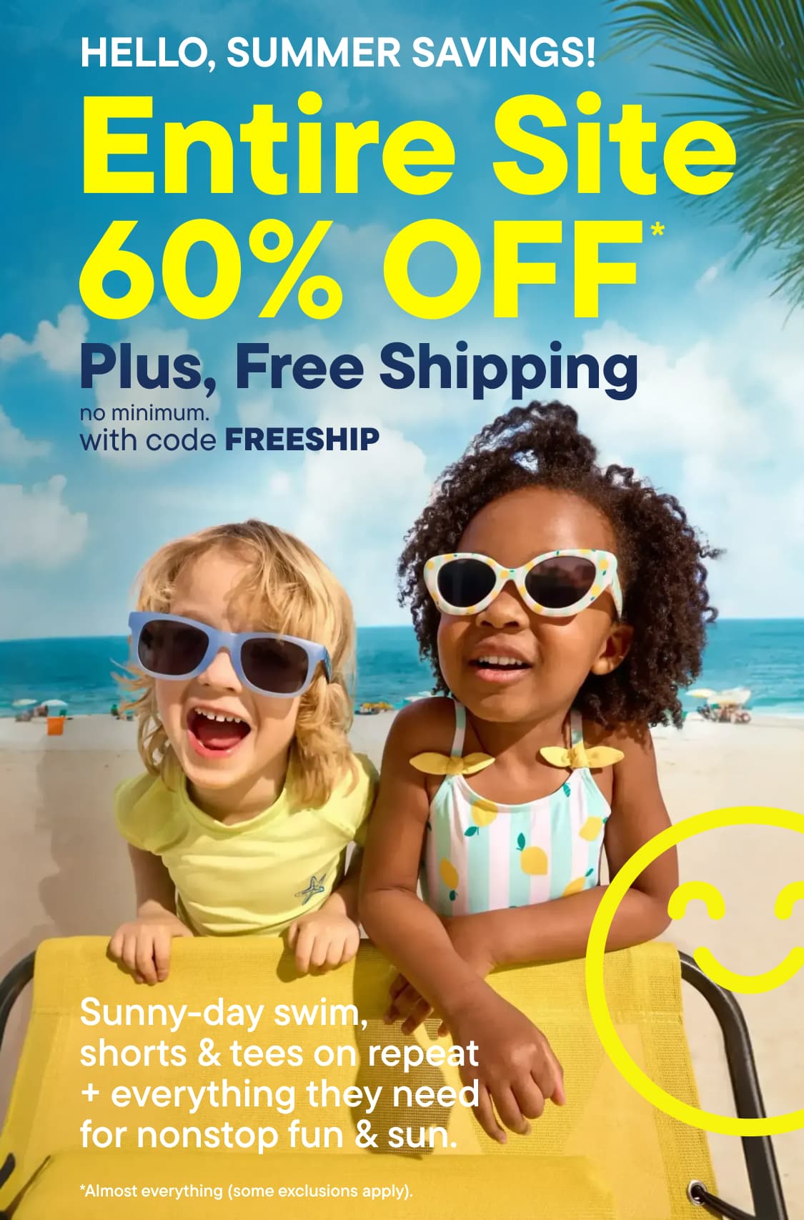 Two children in sunglasses smile on a beach with a "Entire Site 60% OFF" sale announcement in the background.