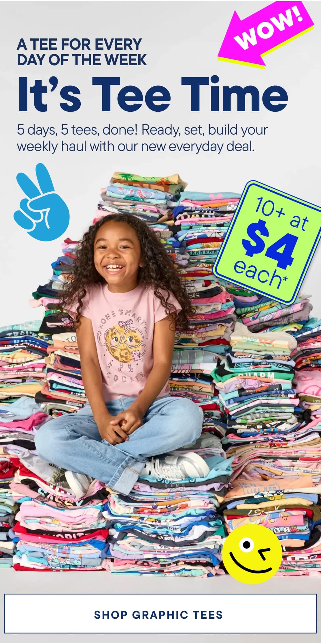 A young girl sits on a large pile of colorful t-shirts, with text advertising a deal in the foreground. "10+ at $4 each*"