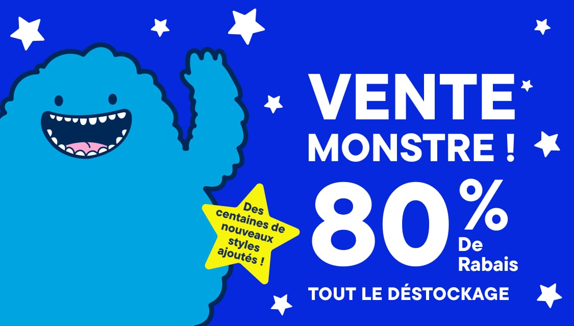 Au premier plan, une étoile jaune portant l'inscription « SOLDES MONSTRES ! 80 % de réduction sur tous les Liquidation», tandis qu'un monstre bleu fait signe à droite sur un fond bleu parsemé d'étoiles blanches.