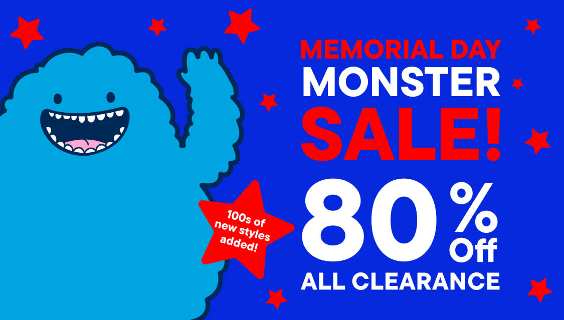 A blue monster waves next to "MEMORIAL DAY MONSTER SALE!" and "80% Off ALL CLEARANCE" on a blue background with red stars.