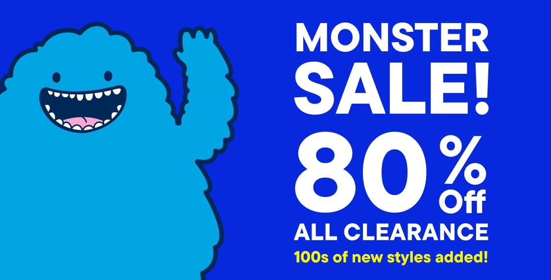 Text and "MONSTER SALE! 80% Off All Clearance" are in the foreground, while a blue monster waves on the right against a blue background 