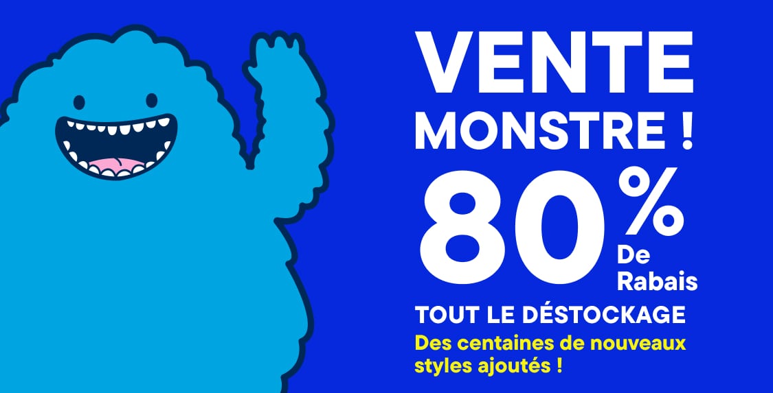 Le texte « VENTE MONSTRE ! 80 % de réduction sur tous les Liquidation» apparaît au premier plan, tandis qu’un monstre bleu fait signe sur la droite, sur fond bleu. 