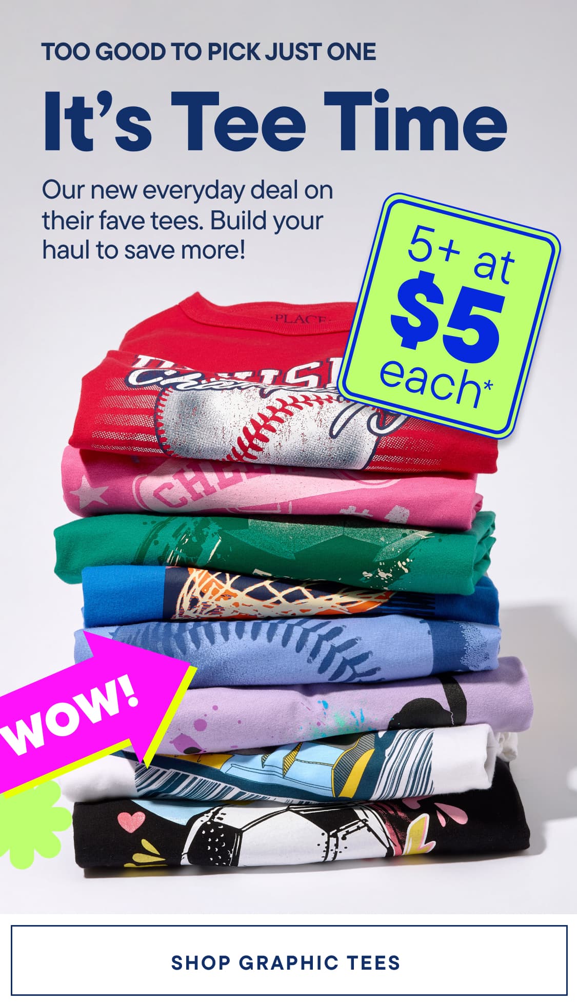 A stack of colorful graphic tees is displayed in the foreground, with a promotional banner advertising a deal on the top right and text about "Tee Time" in the background.