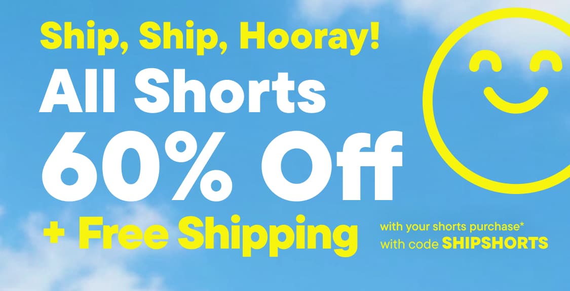A smiling girl in sunglasses and summer clothes stands on a beach with a blue sky and clouds, while text advertises a 60% off sale on shorts with free shipping with code SHIPSHORTS