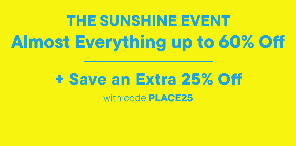 A bright yellow banner advertises "THE SUNSHINE EVENT" with "Entire Site up to 60% Off" in teal text, and a "SHOP NOW" button in the foreground.