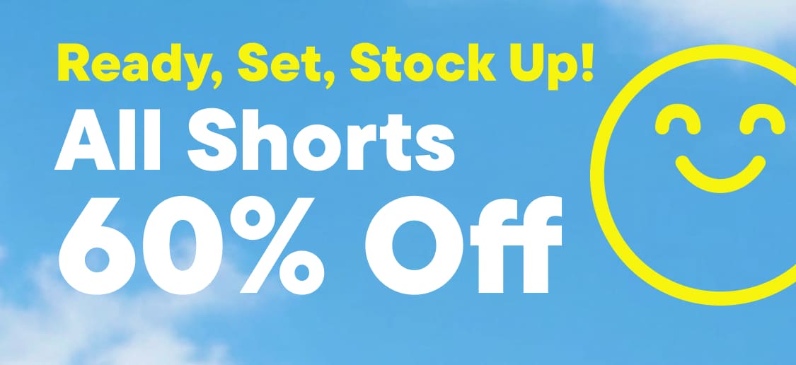 A smiling girl in sunglasses and summer clothes stands on a beach with a blue sky and clouds, while text advertises a 60% off sale on shorts with free shipping with code SHIPSHORTS
