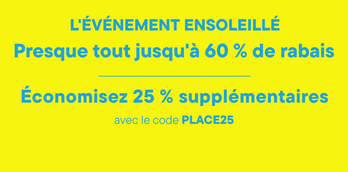 Une bannière jaune vif annonce « L'ÉVÉNEMENT SOLEIL » avec la mention « Jusqu'à 60 % de réduction sur tout le site » en caractères turquoise, et un bouton « ACHETER MAINTENANT » au premier plan.
