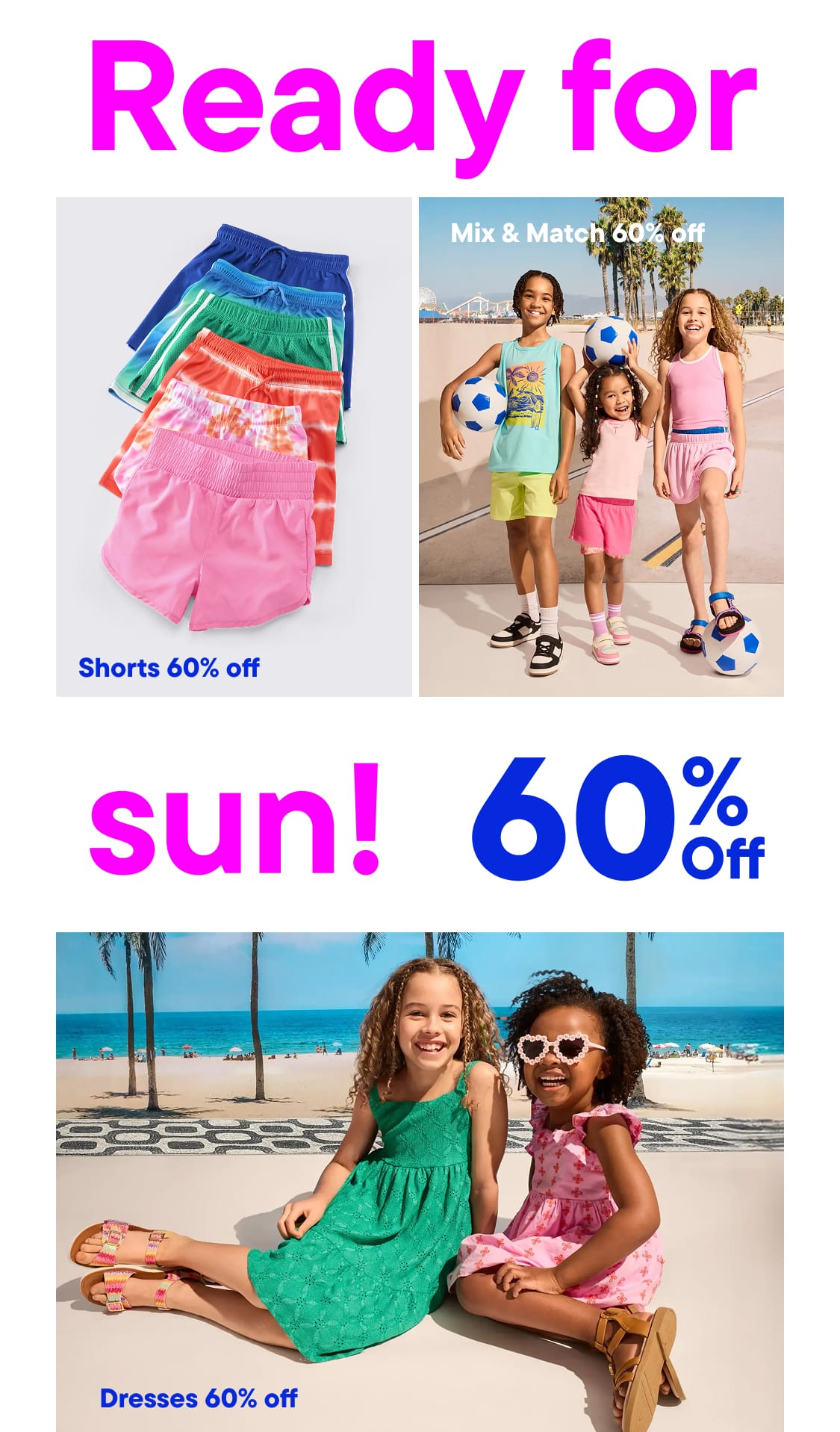 A stack of colorful shorts is in the foreground of the left panel, while two smiling girls in dresses are in the foreground of the right panel, both with a beach scene in the background.