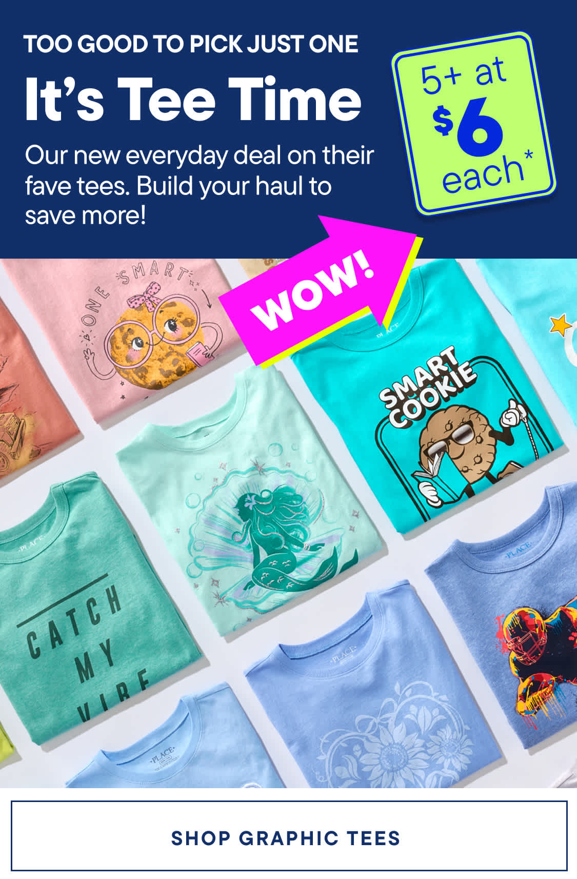 A vibrant assortment of graphic t-shirts with playful designs are displayed in the foreground, while a dark blue banner at the top advertises a "Tee Time" sale with a "WOW!" graphic.