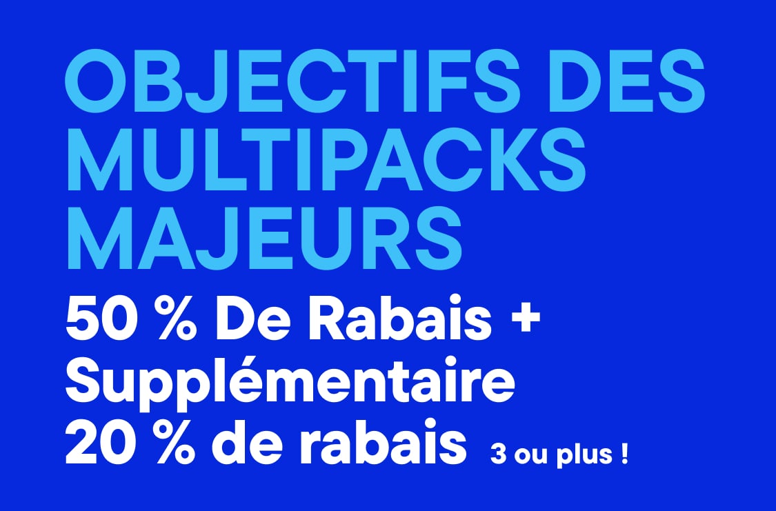 Un texte bleu gras annonce « OBJECTIFS MULTIPACK MAJEURS » avec une promotion de « 50 % de réduction + 20 % de réduction supplémentaire à partir de 3 articles ! » sur un fond bleu uni.