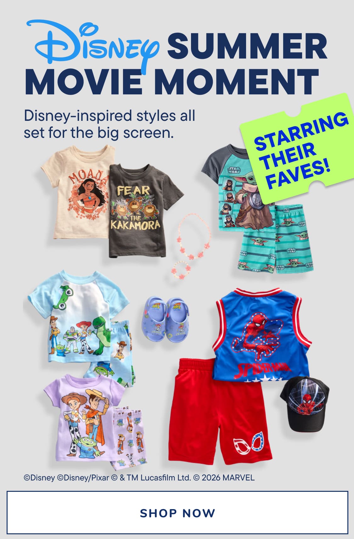 Children's Disney-themed clothing featuring characters like Moana, Toy Story, and Spider-Man is displayed against a bright, graphic background with text promoting a "Summer Movie Moment."