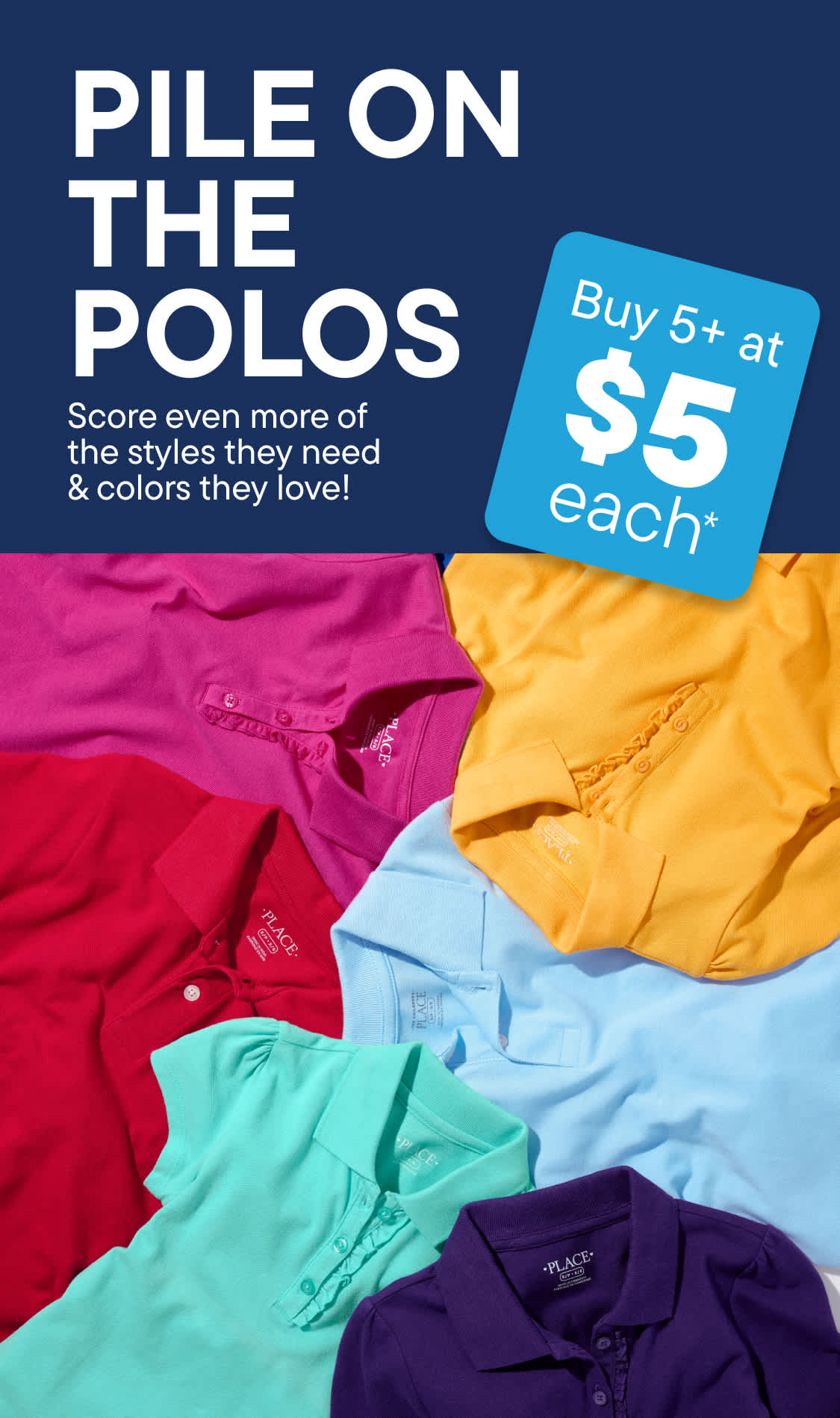 A pile of colorful polo shirts fills the foreground, with a blue background featuring a promotional offer.