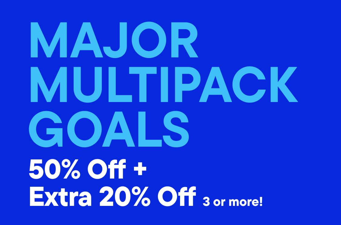Bold blue text on a royal blue background announces "MAJOR MULTIPACK GOALS" with a sale of "50% Off + Extra 20% Off 3 or more!".