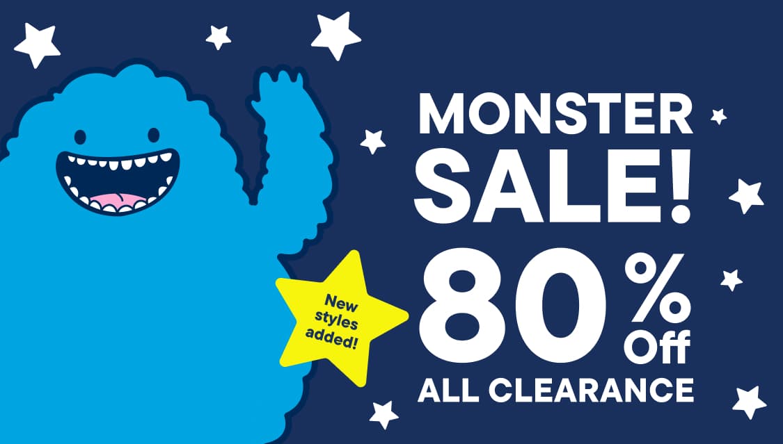 A blue cartoon monster with a wide smile stands on the left, while the right side of the dark blue background features white text announcing "MONSTER SALE! 80% Off ALL CLEARANCE" and scattered white stars.