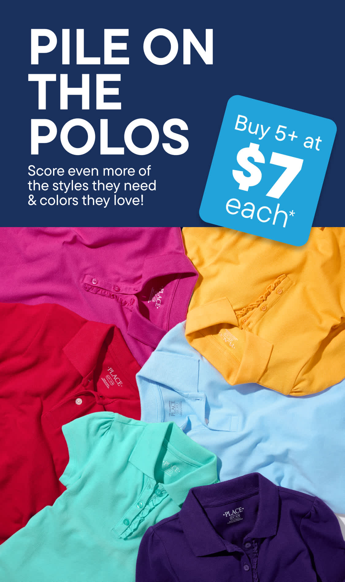 A pile of colorful polo shirts in the foreground is advertised with a "Pile on the Polos" sale in the background.