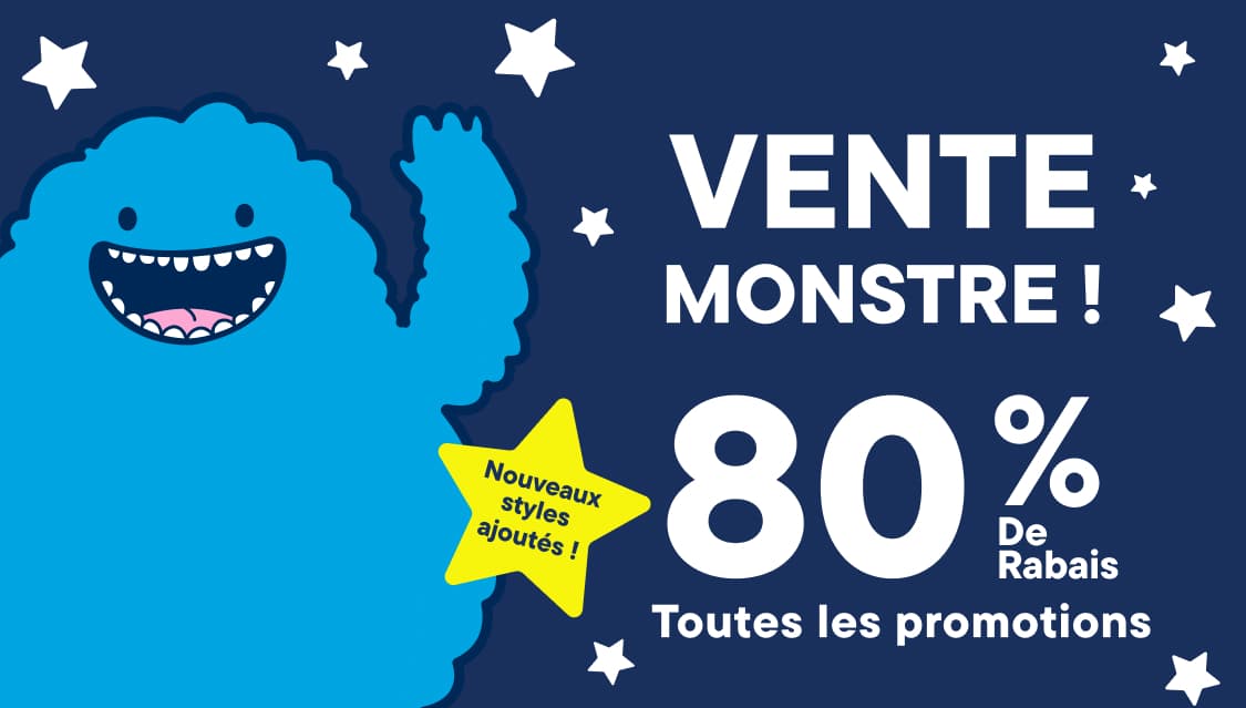 Un monstre bleu de dessin animé, arborant un large sourire, se tient à gauche, tandis que sur le côté droit du fond bleu foncé, on peut lire en blanc « SOLDES MONSTRES ! 80 % de réduction sur TOUS LES ARTICLES EN Liquidation» et voir des étoiles blanches éparpillées.