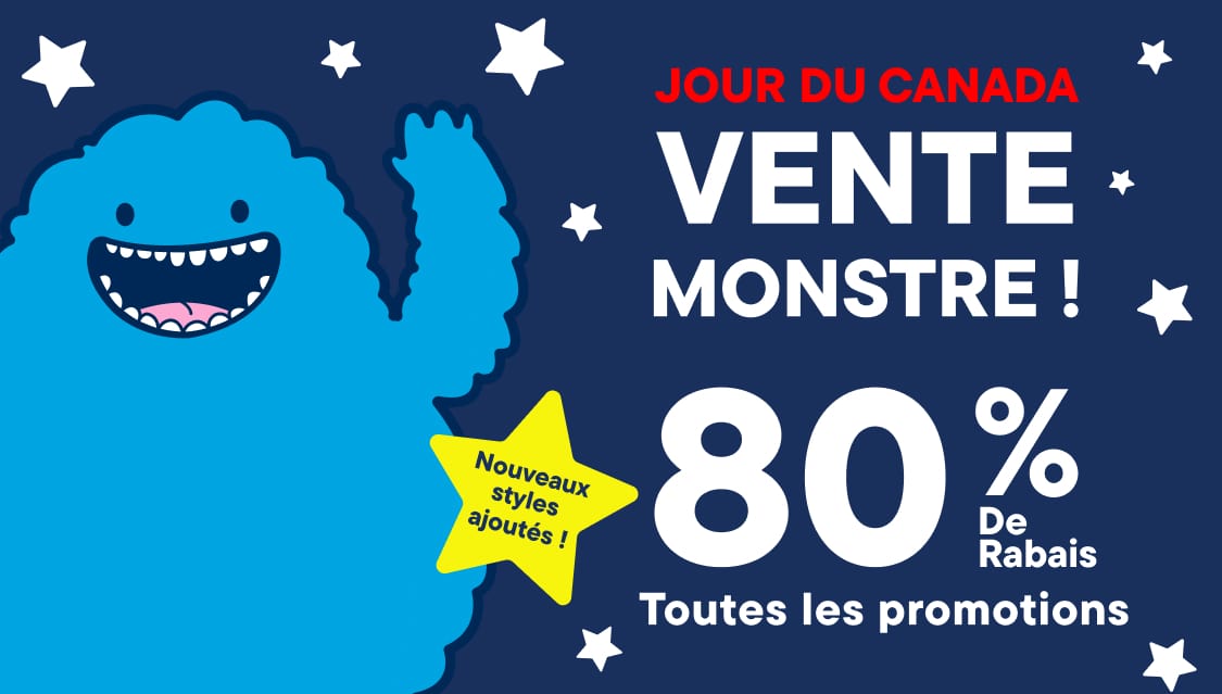 Au premier plan, une étoile jaune portant l'inscription « 80 % de réduction sur tous les articles en Liquidation», tandis qu'à l'arrière-plan figurent un monstre bleu et des étoiles blanches.