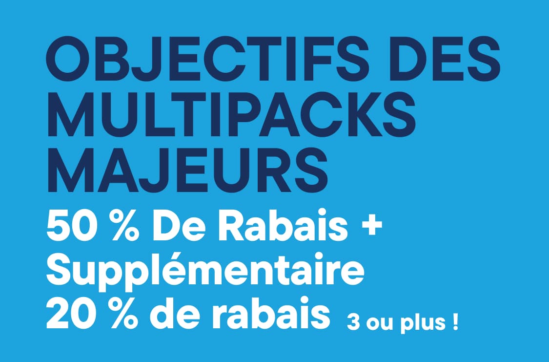 Un texte bleu gras sur fond bleu vif annonce « OBJECTIFS MULTIPACK MAJEURS » avec une réduction de « 50 % de réduction + 20 % de réduction supplémentaire à partir de 3 achats ! ».