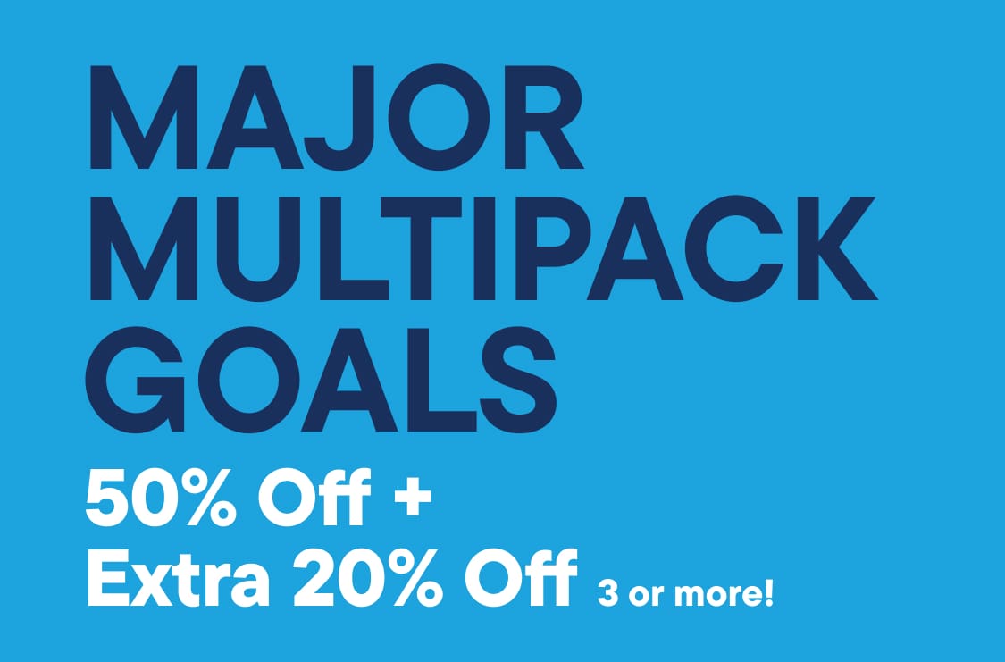 Bold blue text on a bright blue background announces "MAJOR MULTIPACK GOALS" with a discount of "50% Off + Extra 20% Off 3 or more!".