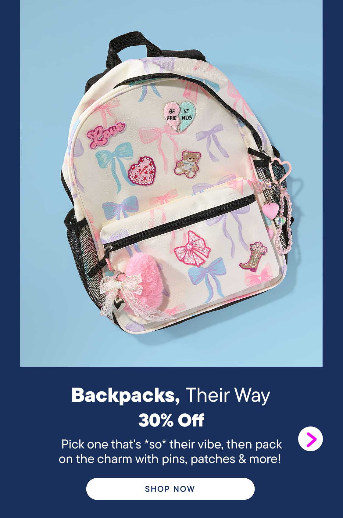 A pastel-colored backpack adorned with bows and charms sits against a solid blue background, with promotional text below.