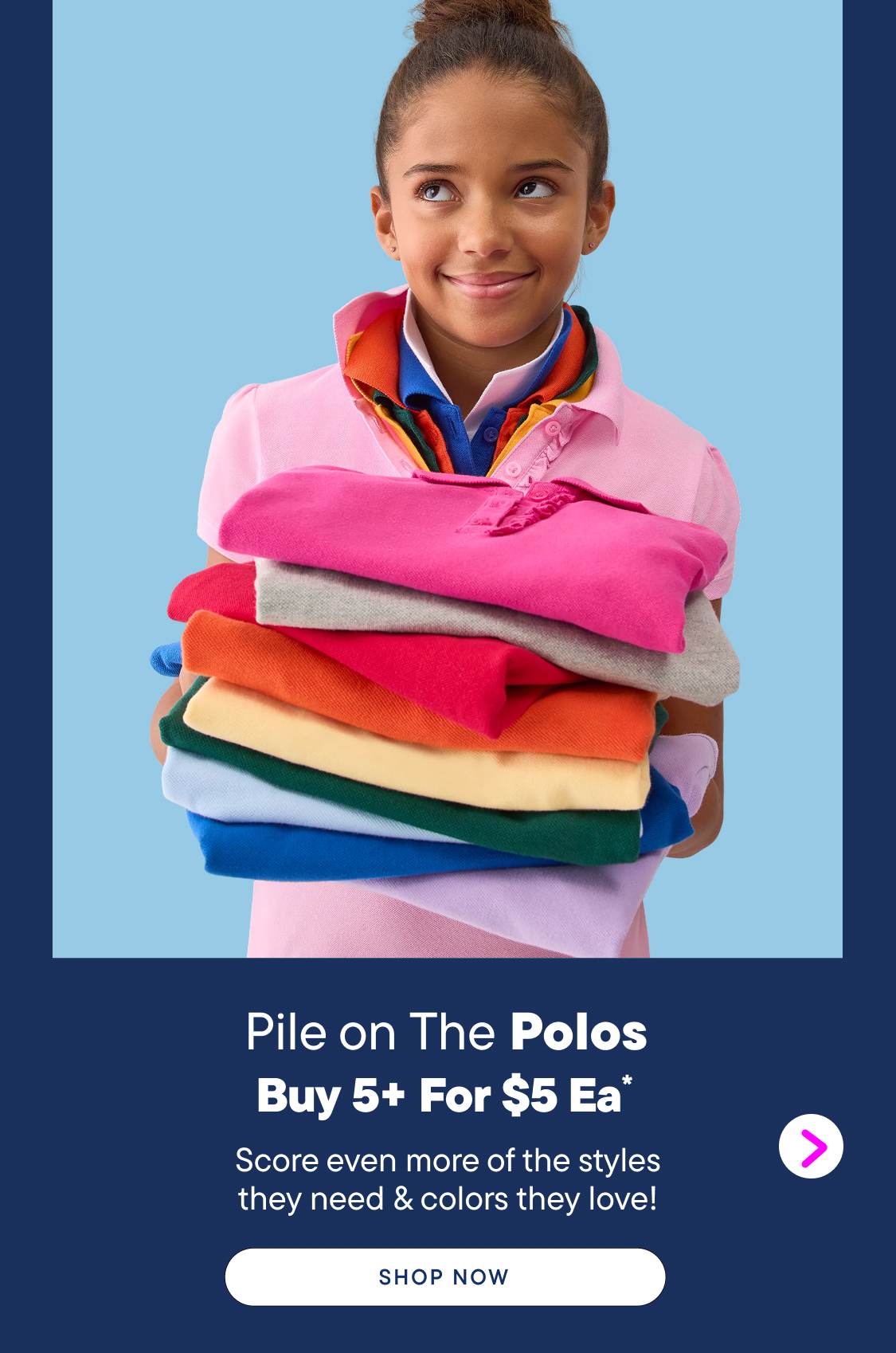 A young girl in a pink polo shirt holds a stack of colorful folded shirts against a light blue background.