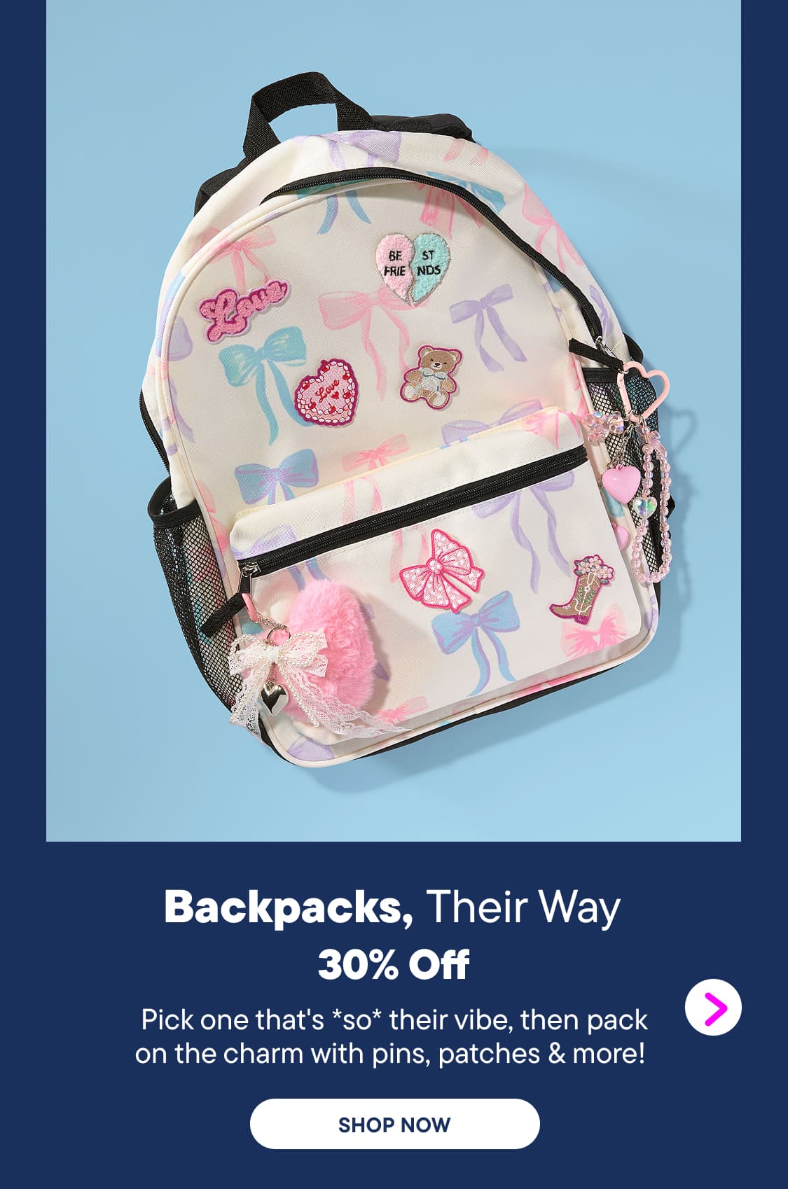 A pastel-colored backpack adorned with bows and charms sits against a solid blue background, with promotional text below.
