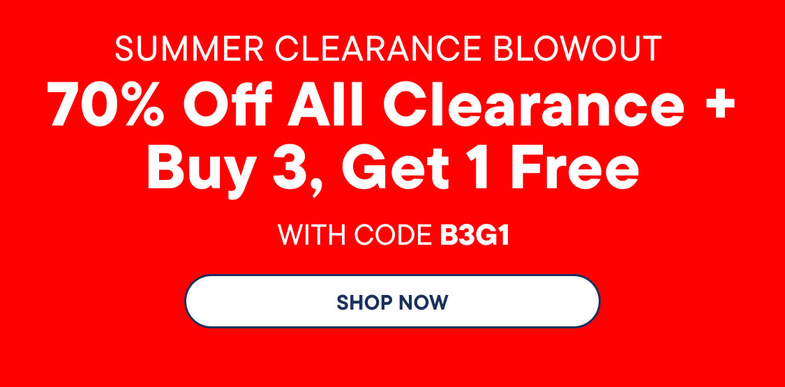 The image displays the text "summer clearance blowout  70% Off All Clearance + Buy 3, Get 1 Free" in large white letters against a bright red background.