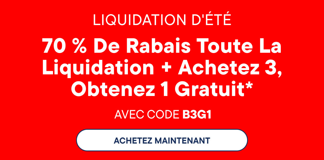 L'image affiche le texte « Liquidation d'été : 70 % de réduction sur tous les Liquidation + 3 achetés, 1 offert » en grandes lettres blanches sur un fond rouge vif.