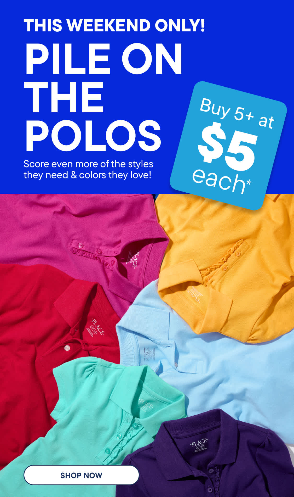 A blue banner with text about a polo shirt sale is on the left, while a pile of colorful polo shirts fills the right side of the image.