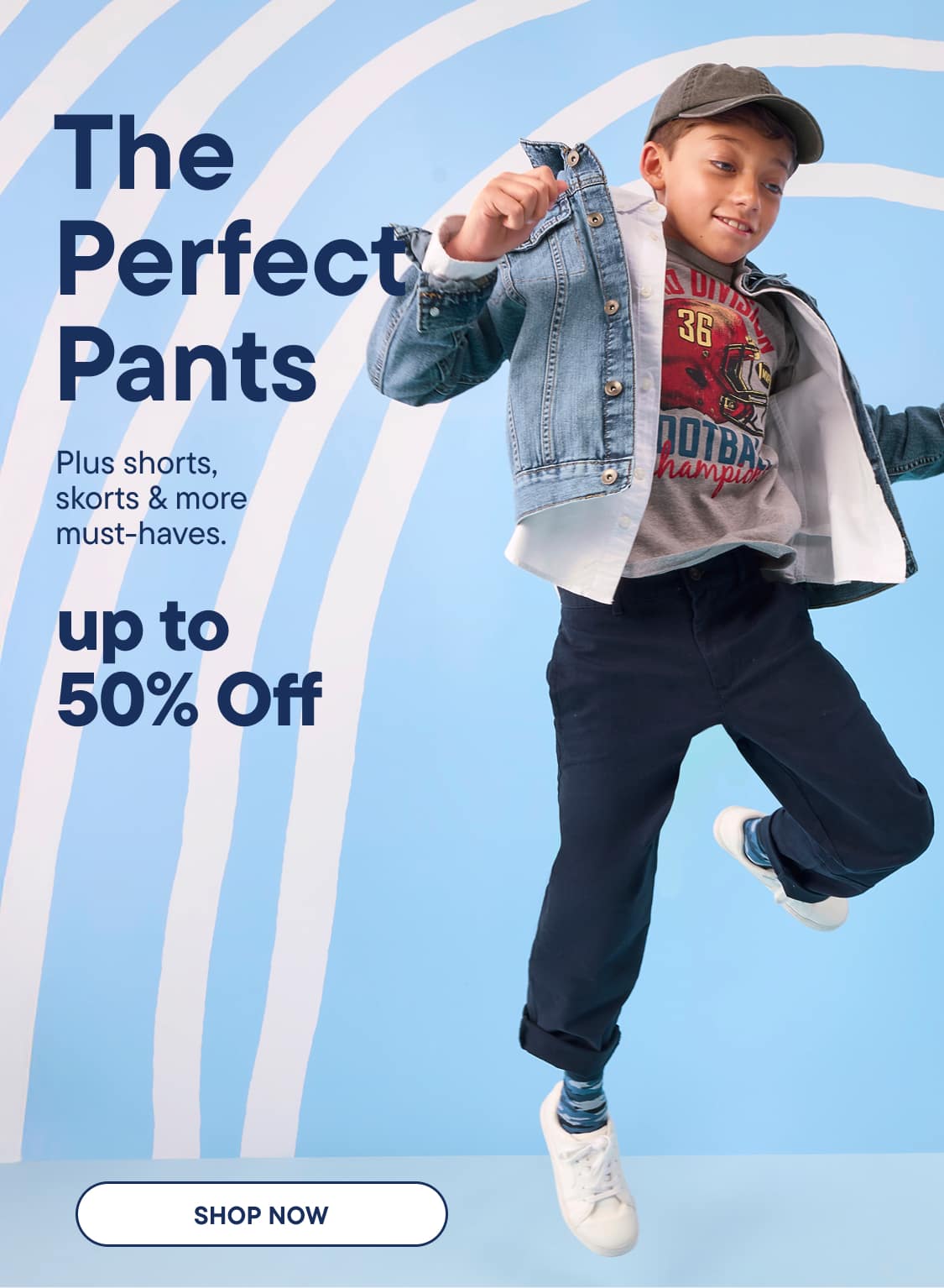 A young boy in a denim jacket and dark pants jumps joyfully against a solid blue background with promotional text on the left.