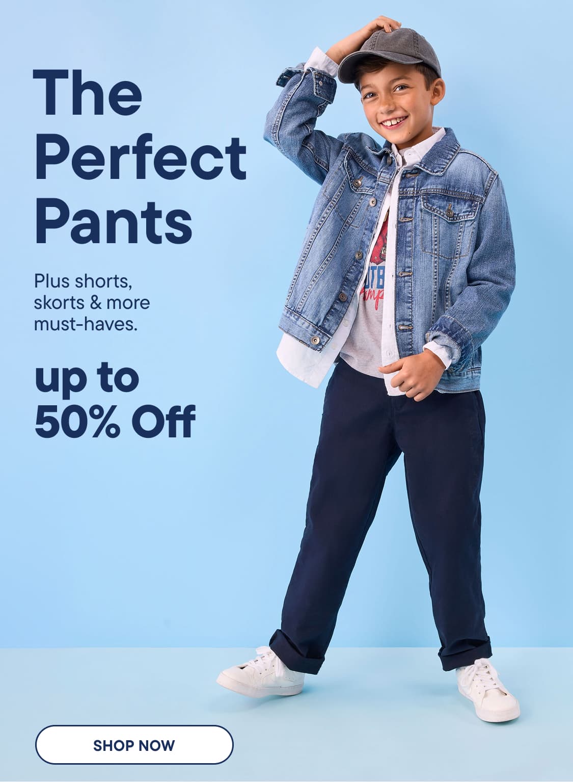 A young boy in a denim jacket and dark pants jumps joyfully against a solid blue background with promotional text on the left.