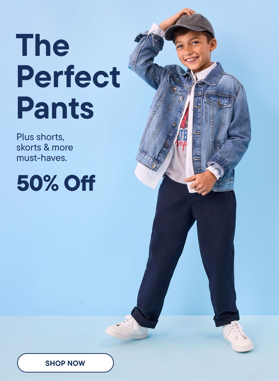 A young boy in a denim jacket and dark pants jumps joyfully against a solid blue background with promotional text on the left.