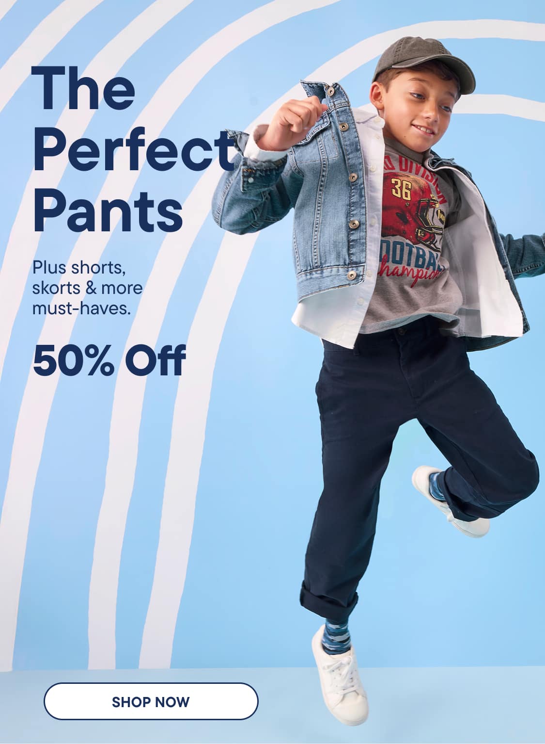 A young boy in a denim jacket and dark pants jumps joyfully against a solid blue background with promotional text on the left.