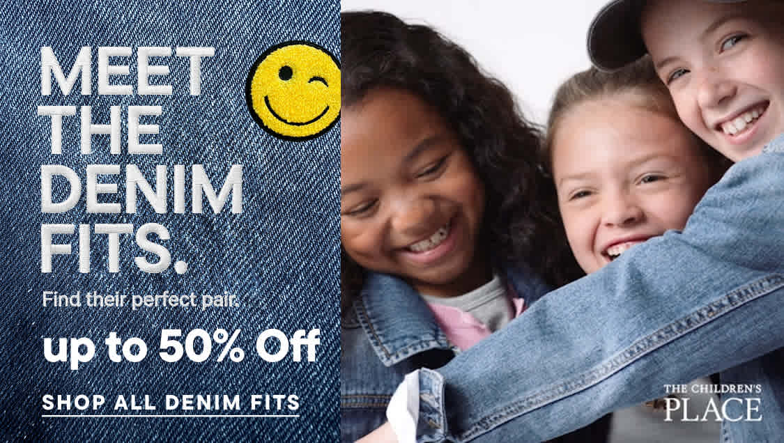 White text on a denim background announces "MEET THE DENIM FITS." with a winking smiley face and a sale offer.