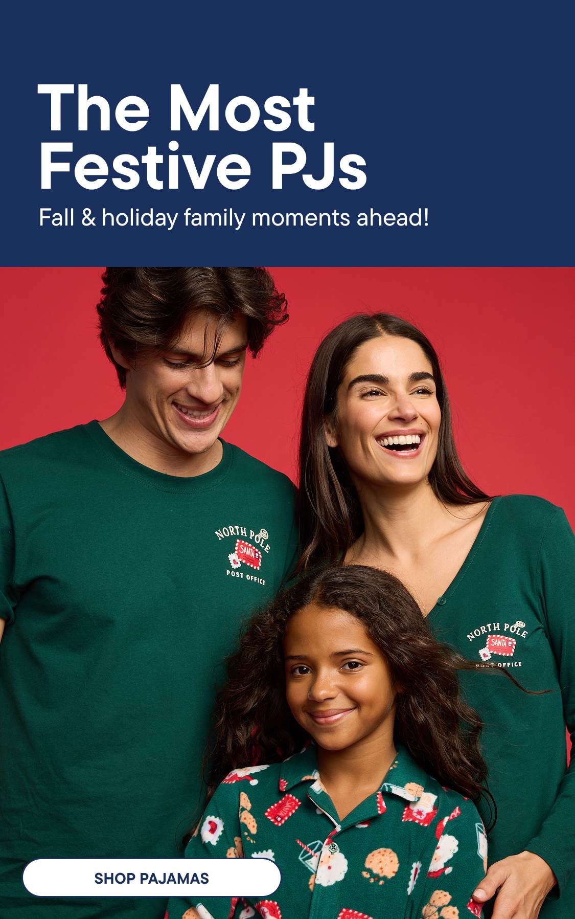 A stack of festive pajamas is in the foreground, while a smiling family in matching holiday pajamas stands in the background.