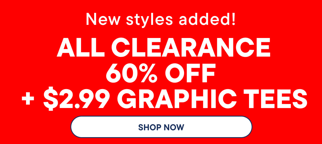 La imagen muestra el texto ALL CLEARANCE 60% OFF + $2.99 ​​GRAPHIC en letras blancas grandes sobre un fondo rojo brillante.