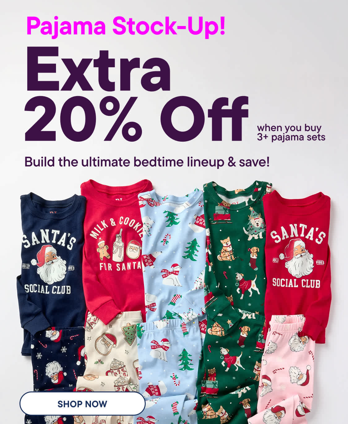 Five sets of colorful Christmas-themed pajamas are displayed in the foreground against a light grey background with promotional text.