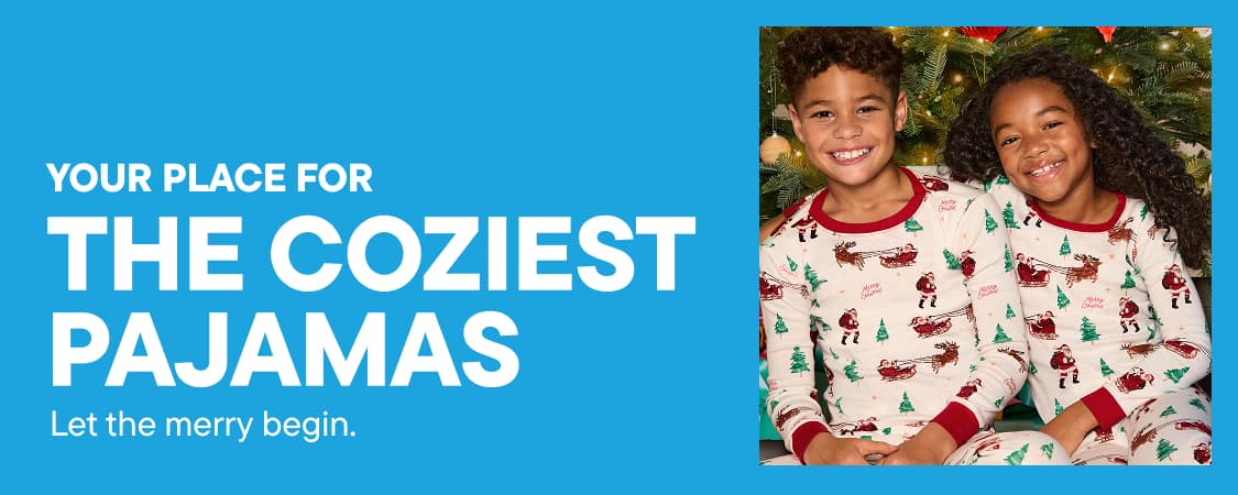 Two children in patterned pajamas stand before a Christmas tree on the left and a girl hugs a large blue gift on a grey sofa on the right, flanking a bright blue center panel with white text.