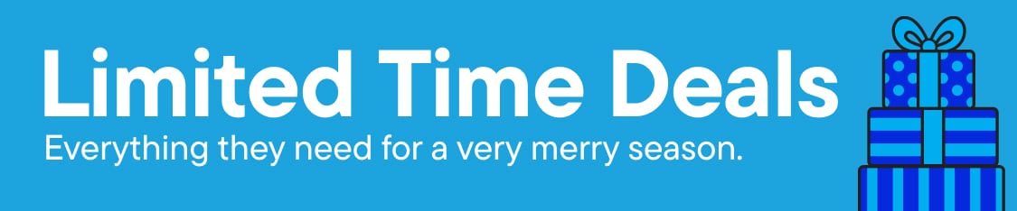 Texto blanco promocionando ofertas navideñas en primer plano sobre un fondo azul sólido con una pila de cajas de regalo azules estilizadas a la derecha | Aún más ofertas Todo lo que necesitan para una temporada muy feliz.