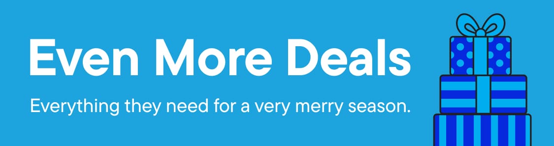 White text promoting holiday deals sits in the foreground against a solid blue background featuring a stack of stylized blue gift boxes on the right | Even More Deals Everything they need for a very merry season.