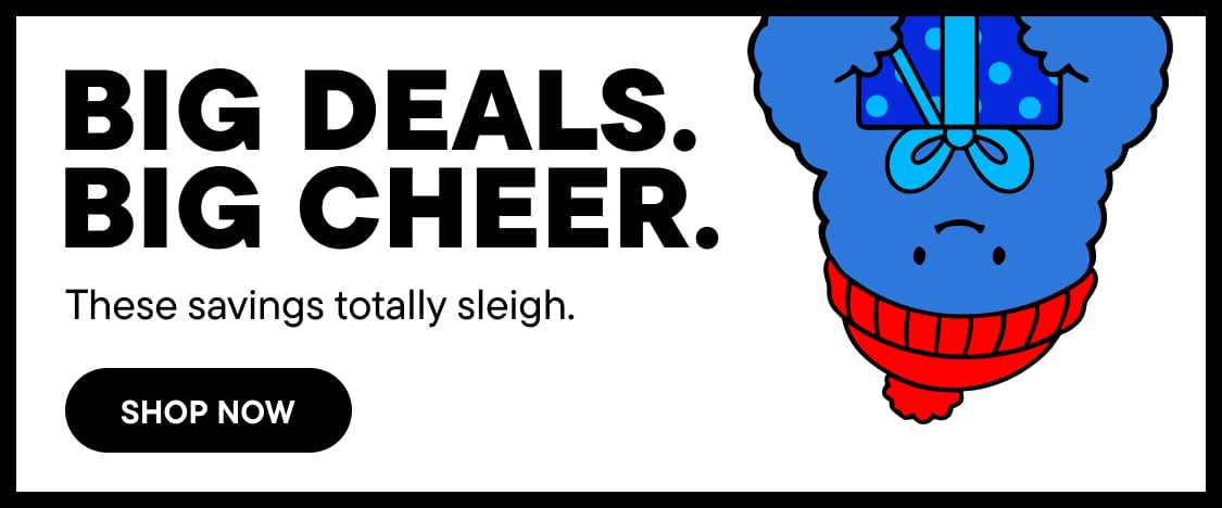 Bold black text reading BIG DEALS. BIG CHEER and a SHOP NOW button sit in the foreground against a white background featuring a blue cartoon character wearing a red scarf.