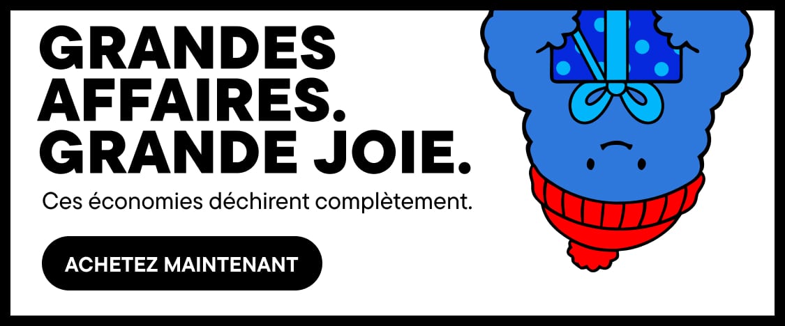 Au premier plan, sur un fond blanc orné d'un personnage de dessin animé bleu portant une écharpe rouge, figure l'inscription en gras noir : « BIG DEALS. BIG CHEER » et un bouton « SHOP NOW ».