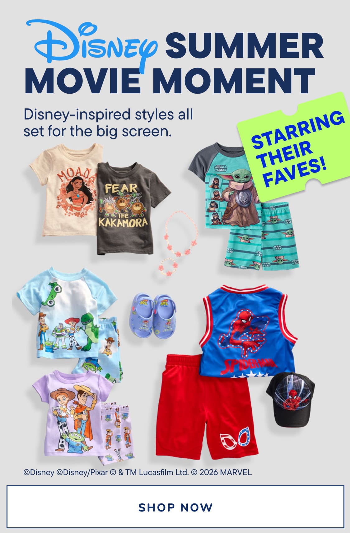 A collection of Disney-themed children's clothing and accessories, including dresses, t-shirts, shorts, and hats, are displayed against a light gray background with text promoting "Disney Summer Movie Moment."