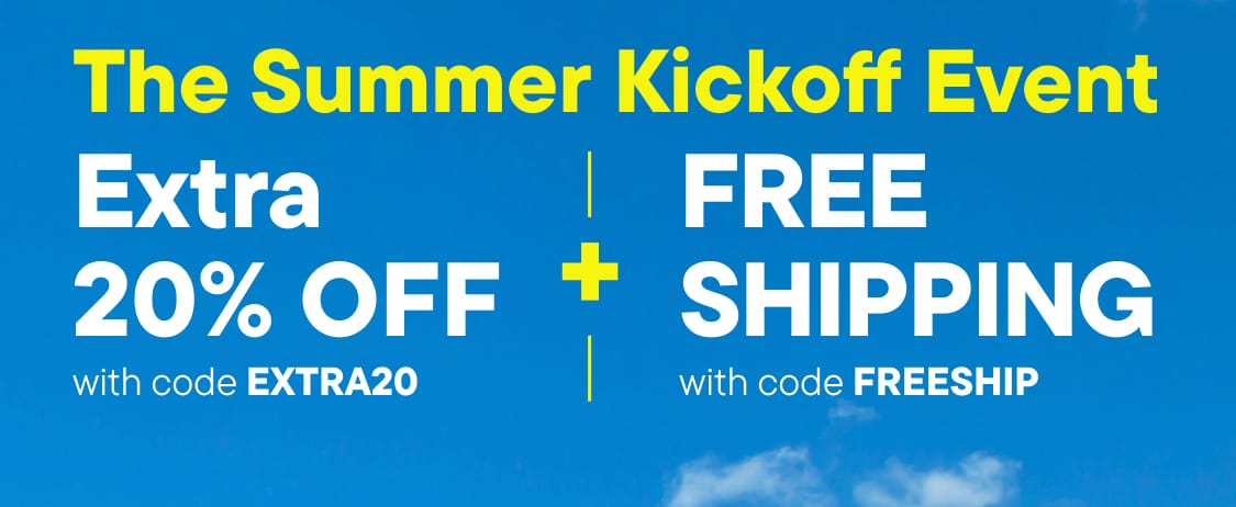 La imagen muestra el texto "Evento de inicio de verano: 20% de descuento adicional con el código EXTRA20 | Envío gratuito con el código FREESHIP" sobre un fondo azul claro.