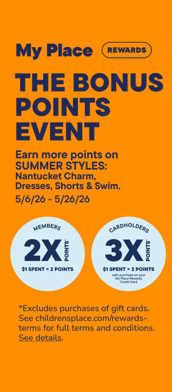 An orange background advertises a "Bonus Points Event" for "My Place Rewards" with details on earning points for members and cardholders, and a disclaimer at the bottom.