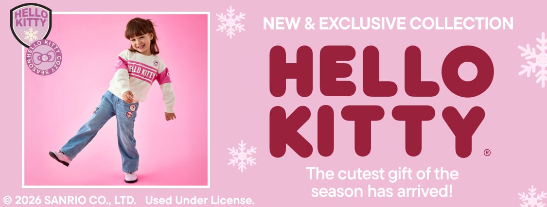 Three young girls wearing Hello Kitty and Kuromi themed clothing are posed against a pink background featuring large text and white snowflakes.